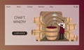 Male winemaker checks wine during fermentation process in large wooden vat at cellar with oak barrels. Website design concept,