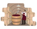 Male winemaker checks wine during fermentation process in large wooden vat at wine cellar with oak barrels Royalty Free Stock Photo