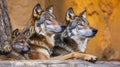 Male wolf and cub portrait with room for captions, object on right side for versatile design Royalty Free Stock Photo