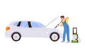 Male worker cartoon character washing car providing professional service cleaning auto engine