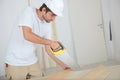 male worker cutting plywood Royalty Free Stock Photo