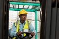 Male worker driving forklift in warehouse Royalty Free Stock Photo