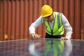 Worker is installing solar panel, technician installing solar panels on roof. Alternative energy sun energy power, ecological con Royalty Free Stock Photo