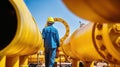 A Male Worker Stands Beneath the Yellow Painted Pipeline at the Oil Refinery. Generative AI
