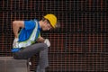 Male worker suffer from back pain from heavy steel factory work Royalty Free Stock Photo