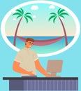 Guy thinking about holdays, summer vacation. Man working at computer with thought of trip to resort