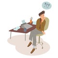 Male worker with typewriter. Occupation, author prints. Flat design vector