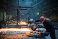 Male worker wearing special protective gloves, cutting metal with big electric grinder, orange sparks flying during