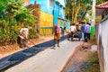 Male workers build road with asphalt