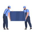 Male workers carrying solar panel vector flat illustration. Alternative electricity generator