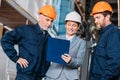 male workers and female inspector in helmets Royalty Free Stock Photo
