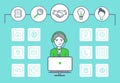 Male Working in Call Center and Icons Set Vector