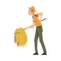 Male Zoo Worker Carrying Hay with Pitchfork, Veterinarian or Professional Zookeeper Character in Uniform Caring of Wild