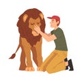 Male Zoo Worker Stroking Lion, Veterinarian or Professional Zookeeper Character Caring of Wild Animals in Zoo Cartoon