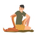 Male Zoo Worker Stroking Snake, Veterinarian or Professional Zookeeper Character Caring of Wild Animals in Zoo Cartoon