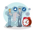 Males checking checklist with different work tasks, working. Time organization and management