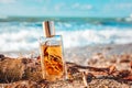 Males fragrance. Rectangular glass bottle of golden perfume standing on a coastal driftwood. Ocean waves in the