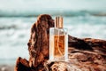 Males toilet water. A rectangular glass bottle of golden perfume standing on a driftwood. Ocean waves in the background