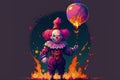 malevolent clown with burning balloon against fiery background