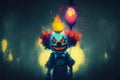 malevolent clown with burning balloon against fiery background