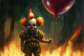 malevolent clown with burning balloon against fiery background