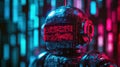 Malfunctioning android with VHS distortion effects displaying glitch code in red and blue Royalty Free Stock Photo
