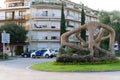 Malgrat de Mar, Spain, August 2018. The central square of the city with an abstract sculpture.