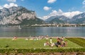 People resting on the Lakefront of Malgrate located on the shore of Como Lake in province of Lecco. Royalty Free Stock Photo