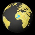 Mali on dark globe with yellow world map.