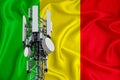 Mali flag, background with space for your logo - industrial 3D illustration. 5G smart mobile phone radio network antenna base