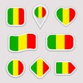 Mali flag vector set. Malian flags stickers collection. Isolated geometric icons. National symbols badges. Web, sport page, patrio