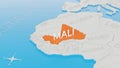 Mali highlighted on a white simplified 3D world map. Digital 3D render