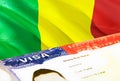 Mali immigration document close up. Passport visa on Mali flag. Mali visitor visa in passport,3D rendering. Mali multi entrance