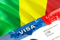 Mali immigration visa. Closeup Visa to Mali focusing on word VISA, 3D rendering. Travel or migration to Mali destination concept