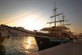 Mali Losinj harbor historic wooden sailboat sunset view Royalty Free Stock Photo