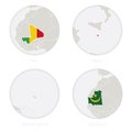 Mali, Malta, Marshall Islands, Mauritania map contour and national flag in a circle