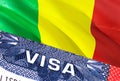 Mali Visa Document, with Mali flag in background. Mali flag with Close up text VISA on USA visa stamp in passport,3D rendering.