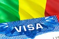 Mali Visa. Travel to Mali focusing on word VISA, 3D rendering. Mali immigrate concept with visa in passport. Mali tourism entrance