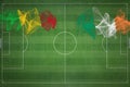 Mali vs Ireland Soccer Match, national colors, national flags, soccer field, football game, Copy space