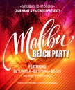 Malibu Beach Party poster. Tropical background. Vector illustration