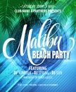 Malibu Beach Party poster. Tropical background. Vector illustration