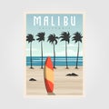 Malibu california beach vintage vector illustration design, surf travel poster template Royalty Free Stock Photo