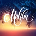 Malibu California handwriting lettering on the palm leaf tropical background. Vector illustration Royalty Free Stock Photo