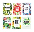 Malibu summer tropical card templates set. Banner, poster, background with exotic plants cartoon vector illustration Royalty Free Stock Photo