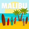 Malibu surf board beach background, flat style Royalty Free Stock Photo