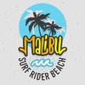 Malibu Surf Rider Beach California Surfing Surf Design Logo Sign Label for Promotion Ads t shirt or sticker Poster Flye