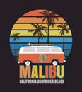 Malibu surf typography, t-shirt graphics, vectors