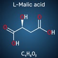 Malic acid C4H6O5 molecule, is dicarboxylic acid. Structural chemical formula on the dark blue background