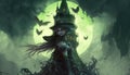 A malicious greeneyed witch perched atop a tower of lost souls scowling at the world below. Fantasy art. AI generation Royalty Free Stock Photo