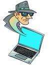Malicious sites on the Internet. The security of your devices. The suspicious persons face pops out of the laptop.